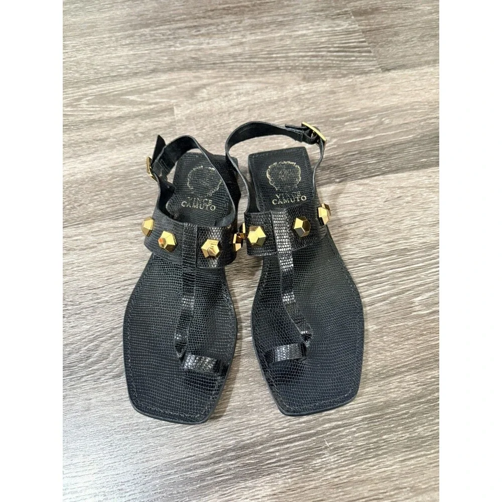 Vince Camuto Women's Black Leather Flat Sandals Size 7.5 M Studded Buckle Design